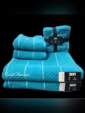 9pc DKNY White Textured Blue Dot Pin Stripe Bath Hand Washcloth Towel Set New